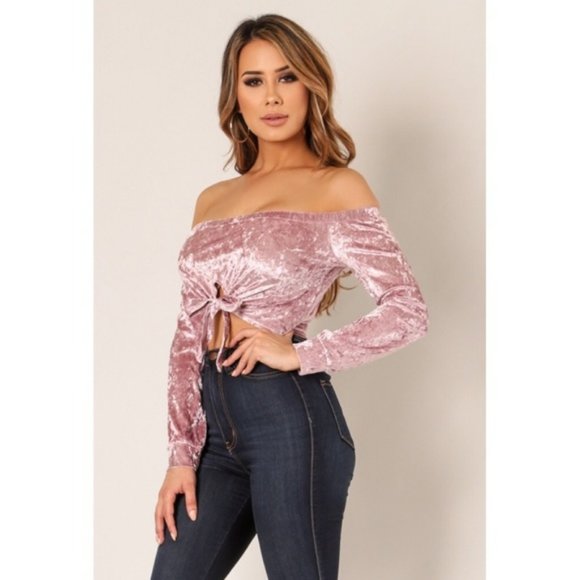 Pink Crushed Velvet Tie Front Crop Top NEW - Picture 3 of 7